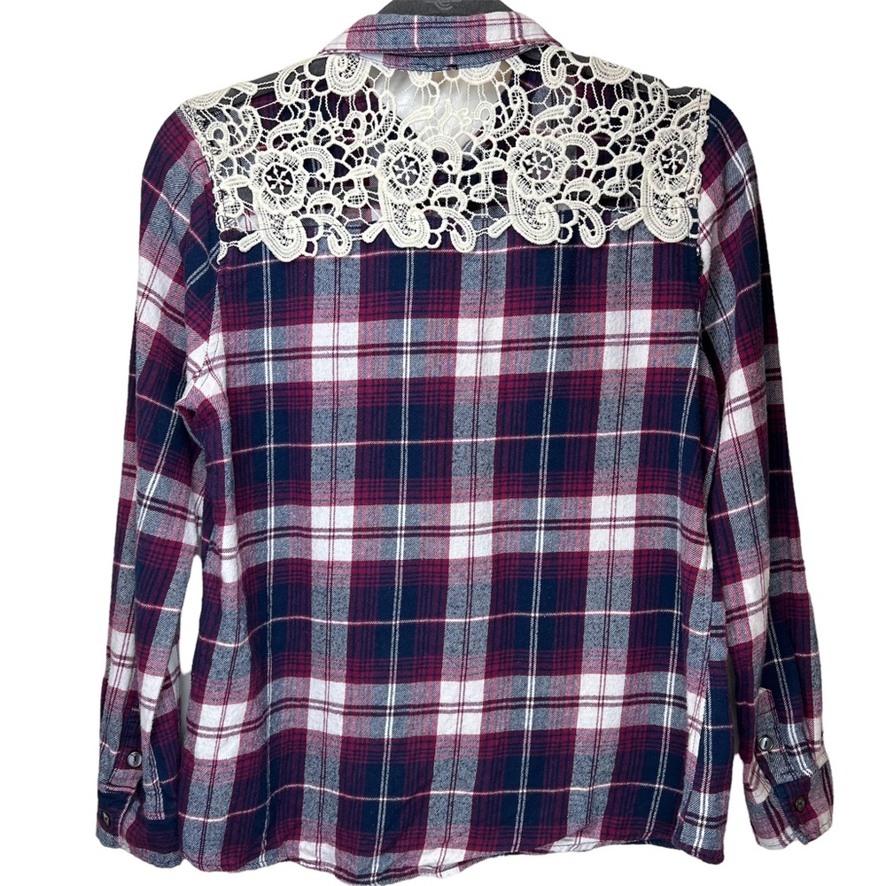 Womens Plaid Flannel Button Down Shirt Lace Cut Out Sz Medium Pink Blue Cream